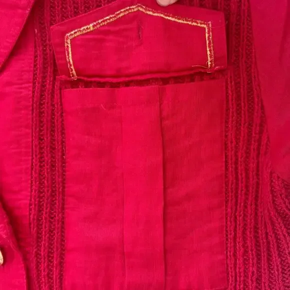 Vintage Claudia Barnes Chunky Knit V-Neck Sweater Size Large Red Gold - Picture 3 of 8